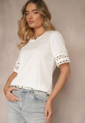 Biały Bawełniany T-shirt z Ażurowymi Rękawkami Zolreia. Białe t-shirty damskie Renee, m, w ażurowe wzory, z bawełny, sportowe, bez kołnierzyka, bez ramiączek. Za 49.99 zł.