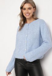 Niebieski Casualowy Kardigan o Klasycznym Kroju Riathiel. Niebieskie kardigany damskie Born2be, uniwersalny, bez wzorów, z jeansu, eleganckie, bez kołnierzyka. Za 169.99 zł.