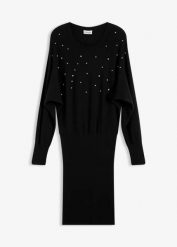 Sukienka dzianinowa z miękkiej mieszanki wiskozy. Czarne sukienki damskie bonprix, z aplikacjami, z dzianiny, eleganckie, bez kołnierzyka, bez ramiączek. Za 142.99 zł.