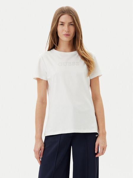 Guess T-Shirt BRIANA SS V3BI11 J1314 Biały Active Fit. Białe t-shirty damskie Guess, xxs, z aplikacjami, z bawełny, bez kołnierzyka, bez ramiączek. Za 109.99 zł.