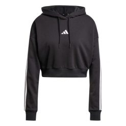 Krótka bluza z kapturem dla kobiet z francuskiej pętlowej bawełny adidas Essenti. Czarne bluzy damskie Adidas, l, bez wzorów, z bawełny, eleganckie, bez ramiączek, z kapturem. Za 274.90 zł.