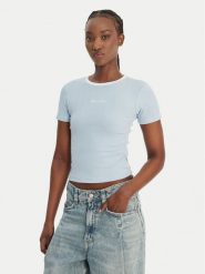Guess Jeans T-Shirt W6GPA9 KF641 Błękitny Slim Fit. Niebieskie t-shirty damskie Guess Jeans, xs, z aplikacjami, z bawełny, bez kołnierzyka, bez ramiączek. Za 169.99 zł.
