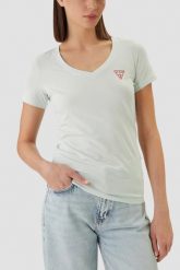 GUESS Miętowy damski t-shirt na krótki rękaw V-Neck Mini Triangle, Rozmiar M. Niebieskie t-shirty damskie Guess, m, z aplikacjami, eleganckie, bez kołnierzyka, bez ramiączek. W wyprzedaży za 89.99 zł.
