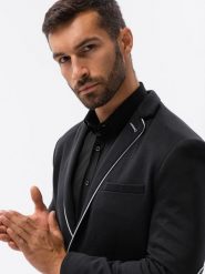 Elegancka marynarka męska z kontrastową lamówką - czarna V3 - Rozmiar: XXL. Czarne garnitury męskie Ombre Clothing, m, bez wzorów, z bawełny, eleganckie. W wyprzedaży za 99.99 zł.