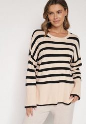 Kremowo-Czarny Sweter o Kroju Oversize z Motywem Pasków Irtusa. Czarne swetry nierozpinane damskie Born2be, bez wzorów, z jeansu, bez kołnierzyka, bez ramiączek. Za 64.99 zł.