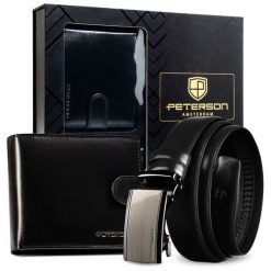 Zestaw prezentowy: skórzany portfel męski w czarnym kolorze i pasek ze skóry naturalnej - Peterson. Czarne portfele męskie bez wzorów, ze skóry. Za 133.99 zł.
