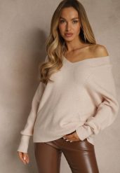 Beżowy Sweter z Dodatkiem Kaszmiru i Trójkątnym Dekoltem Silefera. Brązowe swetry nierozpinane damskie Renee, bez wzorów, z jeansu, casualowe, bez kołnierzyka, bez ramiączek. Za 99.99 zł.