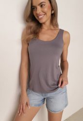 Szary Gładki Top na Szerokich Ramiączkach w Stylu Basic Starbe. Szare topy damskie Born2be, l, bez wzorów, z jeansu, biznesowe, bez kołnierzyka, bez ramiączek. Za 39.99 zł.