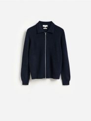 Rozpinany sweter z wełną - granatowy. Niebieskie swetry męskie Reserved, l, bez wzorów, z dzianiny, bez kołnierzyka, bez ramiączek. Za 249.99 zł.