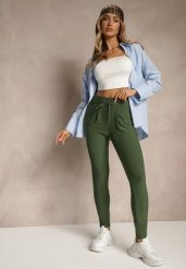Zielone Dopasowane Spodnie High Waist z Gumką i Wiązaniem w Talii Zelpia. Zielone spodnie materiałowe damskie Renee, bez wzorów, z jeansu, eleganckie, z podwyższonym stanem. Za 49.99 zł.