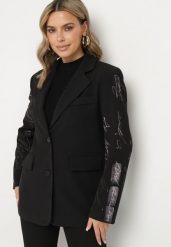 Czarna Pudełkowa Marynarka Ozdobiona Napisami Ennavis. Czarne marynarki i żakiety damskie Born2be, bez wzorów, z jeansu, eleganckie, bez kołnierzyka, bez ramiączek. Za 249.99 zł.
