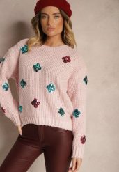 Jasnoróżowy Sweter z Wiskozą Zdobiony Cekinowymi Aplikacjami z Kwiatami Edalora. Czerwone swetry nierozpinane damskie Renee, l, z aplikacjami, z jeansu, casualowe, bez kołnierzyka, bez ramiączek. Za 84.99 zł.