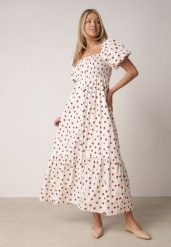 Beżowa Sukienka Bawełniana o Rozkloszowanym Kroju z Bufiastymi Rękawami w Groszki Lorairian. Brązowe sukienki damskie Born2be, m, bez wzorów, z bawełny, klasyczne, bez kołnierzyka, bez ramiączek, maxi, rozkloszowane. Za 139.99 zł.