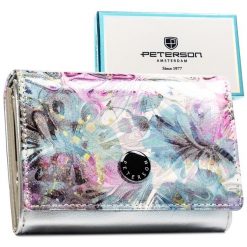 Wielokolorowy portfel damski ze skóry ekologicznej i naturalnej w modny, roślinny wzór Peterson PTN PX30-1-NPK. Czerwone portfele damskie ze skóry ekologicznej. Za 114.99 zł.