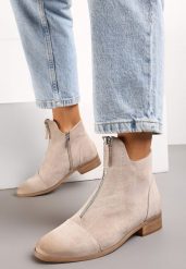 Beżowe Botki w Stylu Nowoczesnych Sztybletów ze Skórzaną Wkładką i Ozdobnym Suwakiem Asaxs. Brązowe botki damskie Renee, bez wzorów, eleganckie, bez obcasa, na płaskiej podeszwie, bez zapięcia. Za 159.99 zł.