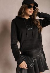 Czarna Ocieplona Bluza Welurowa o Fasonie Kangurki z Napisem Meluia. Czarne bluzy damskie Renee, l, z aplikacjami, z polaru, casualowe, bez ramiączek, z kapturem. Za 99.99 zł.