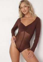 Brązowe Body Vices z Długim Rękawem i Dekoltem w Serek Aleriie. Brązowe body Born2be, bez wzorów, z jeansu. Za 69.99 zł.