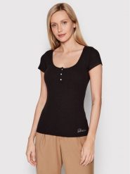 Guess Bluzka W2YP24 KBCO2 Czarny Slim Fit. Czarne bluzki damskie Guess, xs, z aplikacjami, z wiskozy, bez kołnierzyka, bez ramiączek. Za 132.00 zł.
