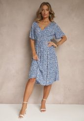 Niebieska Rozkloszowana Sukienka z Bawełny Zdobiona Kwiatowym Printem Arirelle. Niebieskie sukienki damskie Renee, na imprezę, na lato, l, z aplikacjami, z bawełny, eleganckie, bez kołnierzyka, bez ramiączek, midi, rozkloszowane. Za 49.99 zł.