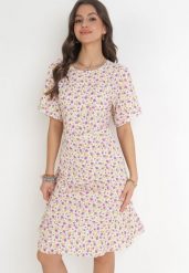 Beżowa Pudełkowa Sukienka w Kwiaty z Falbanką Temrance. Brązowe sukienki damskie Born2be, l, bez wzorów, bez kołnierzyka, bez ramiączek, midi. Za 39.99 zł.