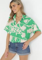 Zielona Bluzka z Krótkimi Rękawami w Kwiaty Selenes. Zielone bluzki damskie Born2be, xl, bez wzorów, z tkaniny, bez kołnierzyka, bez ramiączek. Za 39.99 zł.