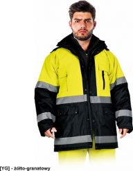 R.E.I.S. BLUE-YELLOW-J - odzież ochronna, męska kurtka zimowa, kaptur, pasay odblaskowe 3XL. Brązowa kurtki męskie R.E.I.S., na zimę, m, bez wzorów, bez kaptura. Za 164.73 zł.
