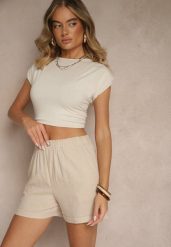 Jasnobeżowe Casualowe Szorty z Lnem z Gumką w Pasie i Kieszeniami Filionella. Brązowe szorty damskie Renee, bez wzorów, eleganckie. Za 49.99 zł.