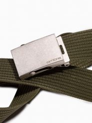 Pasek męski parciany z klamrą w kolorze postarzonego srebra – khaki A029 - uniwersalny. Brązowe paski męskie Ombre Clothing, z jeansu. Za 41.99 zł.