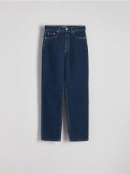 Jeansy straight z wysokim stanem - indigo jeans. Niebieskie jeansy damskie Reserved, bez wzorów, z jeansu, z podwyższonym stanem. Za 199.99 zł.