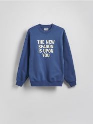 Bluza z nadrukiem - granatowy. Niebieskie bluzy damskie Reserved, l, bez wzorów, z bawełny, bez ramiączek, bez kaptura. W wyprzedaży za 59.99 zł.