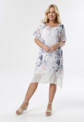 Biało-Niebieska Sukienka Coraeriel. Białe sukienki damskie Born2be, na imprezę, na lato, xl, bez wzorów, z asymetrycznym kołnierzem, bez ramiączek, midi, asymetryczne. Za 49.99 zł.