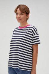 Bawełniana bluza w paski z krótkimi rękawami granatowa. Bluzy damskie MOODO, l, bez wzorów, z bawełny, bez ramiączek, bez kaptura. Za 79.99 zł.