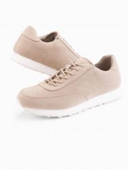 Sportowe męskie buty sneakersy z ekoskóry o zamszowym wykończeniu – piaskowe V4 OM-FOCS-0161 - 45. Buty sportowe męskie Ombre Clothing, bez wzorów, z gumy, bez zapięcia. W wyprzedaży za 109.99 zł.