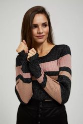 Sweter w paski z metaliczną nitką i okrągłym dekoltem czarny. Czarne swetry nierozpinane damskie MOODO, l, bez wzorów, z poliamidu, bez kołnierzyka, bez ramiączek. W wyprzedaży za 69.99 zł.
