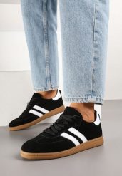 Czarne Sneakersy Tenisówki Skórzane z Paskami Alinira. Czarne obuwie sportowe damskie Renee, z aplikacjami, z okrągłym noskiem, bez zapięcia, tenisowe. Za 159.99 zł.