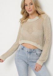 Beżowy Sweter Ażurowy o Krótkim Kroju z Metaliczną Nitką Pilliselia. Brązowe swetry nierozpinane damskie Born2be, na wiosnę, m, w ażurowe wzory, z jeansu, bez kołnierzyka, bez ramiączek. Za 109.99 zł.