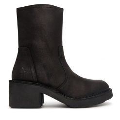 Botki Fly London. Czarne botki damskie Fly London, bez wzorów, bez obcasa, na słupku, bez zapięcia. Za 794.99 zł.