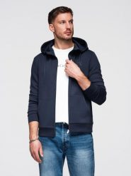 Bluza rozpinana męska z kapturem z gładkiej dzianiny - granatowa V4 - Rozmiar: S. Niebieskie bluzy męskie Ombre Clothing, m, bez wzorów, z dzianiny, biznesowe, bez ramiączek, z kapturem. W wyprzedaży za 160.99 zł.