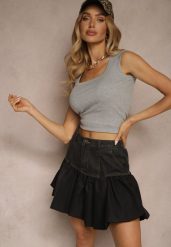 Szary Dopasowany Top z Prążkowanej Tkaniny z Wiskozy Nelluria. Szare topy damskie Renee, uniwersalny, bez wzorów, z jeansu, eleganckie, bez kołnierzyka, bez ramiączek. Za 39.99 zł.