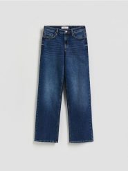 Jeansy straight ze średnim stanem - granatowy. Niebieskie jeansy damskie Reserved, bez wzorów, z bawełny. Za 139.99 zł.
