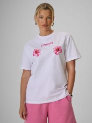 4F T-shirt loose z nadrukiem damski - biały M. Białe koszulki sportowe damskie 4F, m, bez wzorów, z bawełny, bez ramiączek. Za 79.99 zł.