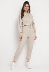 Beżowy Komplet Dresowy Bluza z Kapturem i Spodnie Joggery Famiana. Brązowe bluzy damskie Born2be, l, bez wzorów, z dresówki, bez ramiączek, z kapturem. Za 199.99 zł.