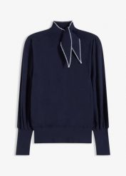 Sweter z mieszanki wiskozy. Niebieskie swetry nierozpinane damskie bonprix, bez wzorów, z wiskozy, eleganckie, bez kołnierzyka, bez ramiączek. Za 124.99 zł.