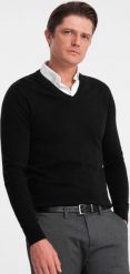 Ombre Sweter męski z dekoltem "w serek" z koszulowym kołnierzykiem - czarny V1 OM-SWSW-0102 L. Czarne swetry męskie Ombre, l, bez wzorów, bez kołnierzyka, bez ramiączek. Za 129.99 zł.