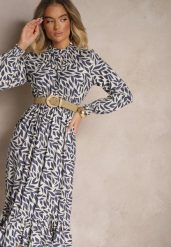 Niebieska Rozkloszowana Sukienka z Gumką w Talii Zdobiona Falbankami Ridirina. Niebieskie sukienki damskie Renee, na co dzień, m, z aplikacjami, eleganckie, bez kołnierzyka, bez ramiączek, midi, rozkloszowane. Za 89.99 zł.