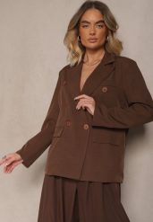 Brązowa Marynarka Dwurzędowa z Usztywnionymi Ramionami Emivori. Brązowe marynarki i żakiety damskie Renee, bez wzorów, z jeansu, eleganckie, bez kołnierzyka, bez ramiączek. Za 109.99 zł.