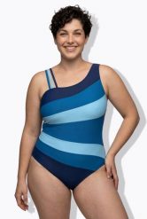 Damskie Strój kąpielowy szerokie kolorowe pasy miękkie miseczki okrągły dekolt. Niebieskie stroje kąpielowe damskie Ulla Popken, plus size, bez wzorów, z elastanu. Za 191.99 zł.