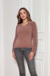 Sweter z Dekoltem w Szpic - Mocca. Brązowe swetry nierozpinane damskie Lanti, l, bez wzorów, z materiału, bez kołnierzyka, bez ramiączek. Za 229.90 zł.