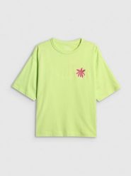 4F T-shirt boxy z nadrukiem damski - zielony S. Żółte t-shirty damskie 4F, s, bez wzorów, z bawełny, bez kołnierzyka, bez ramiączek. Za 69.99 zł.