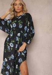 Czarno-Niebieska Midi Sukienka w Kwiaty o Rozkloszowanym Kroju z Rękawami Nietoperz Jervia. Czarne sukienki damskie Renee, l, bez wzorów, eleganckie, bez kołnierzyka, bez ramiączek, midi, rozkloszowane. Za 44.99 zł.
